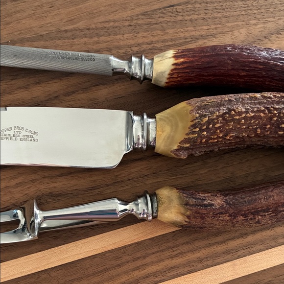 Vintage Cooper Bros & Sons Sheffield England Stag Antler Handle Carving Set; 3pc - Picture 8 of 15